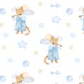 Watercolor seamless pattern with magic cat with flute, fish, balls and stars in pastel colors on white background