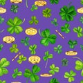 Watercolor seamless pattern with magic coins and trefoil and four-leaf clovers. Illustrations with metal and natural