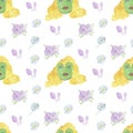 Watercolor Seamless Pattern with Magic Frogs on white isolated background doodle style.Pets,halloween print Royalty Free Stock Photo