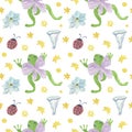 Watercolor Seamless Pattern with Magic Frogs on white isolated background doodle style.Pets,halloween print hand Royalty Free Stock Photo