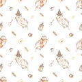 Watercolor seamless pattern with magic items, owl, feathers, ink, letter on a white background