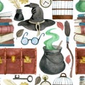 seamless pattern with magic items. witchcraft, school of wizards.