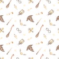 Watercolor seamless pattern with magic objects, hat, broom, glasses, lightning, flying key, magic wand on a white background