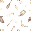 Watercolor seamless pattern with magic objects, hat, broom, glasses, lightning, flying key, magic wand on a white background