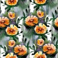 Watercolor seamless pattern. Magnificent gentle orange poppies flowers and leaves on a white background. Painted with love