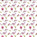 Watercolor seamless pattern of magnolia flowers, hand drawn floral illustration, branches with pink flowers isolated on Royalty Free Stock Photo