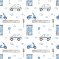 Watercolor seamless pattern with mail car, scooter, motorcycle, building, road sign, traffic light, for kids, boys on a white