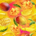 Watercolor seamless pattern mango on a color background. Royalty Free Stock Photo