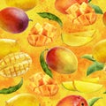 Watercolor seamless pattern mango on a color background. Royalty Free Stock Photo