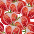 Watercolor seamless pattern with many large red ripe tomato slices isolated on white background. Half a cut vegetable.