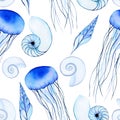 Watercolor seamless pattern with marine life. transparent sea shells, blue flowers jellyfish on a white background. simple print, Royalty Free Stock Photo