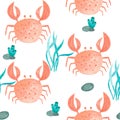 Watercolor seamless pattern of the marine theme- crab, seaweed on white background. Hand drawn. Fresh ocean illustration