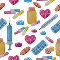 Watercolor seamless pattern of medicines, syringe, thermometer,, pills and capsules on a white background Royalty Free Stock Photo