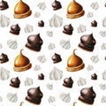 Watercolor seamless pattern with meringue, chocolate marshmallows, orange souffle. Hand painting sweet on a white