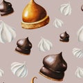 Watercolor seamless pattern with meringue, chocolate marshmallows, orange souffle. Hand painting sweet on a white