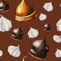 Watercolor seamless pattern with meringue, chocolate marshmallows, orange souffle. Hand painting sweet on a white