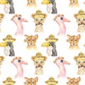 Watercolor seamless pattern with mexican cute cartoon animals.
