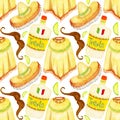 Watercolor seamless pattern, mexican style clothes, sombrero and poncho, mustache, tequila, lime on a white background.