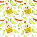 Watercolor seamless pattern in mexican style. Colorful elements, lime, salt, tequila on white background.