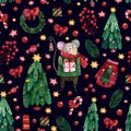 Watercolor seamless pattern with mice in a green sweater on the background of gifts,  tree branches,sweets, and wreaths. Royalty Free Stock Photo