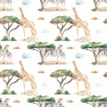 Watercolor seamless pattern of mom and baby giraffes, zebras in the African savannah with acacias and dry grass on a white