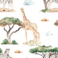 Watercolor seamless pattern of mom and baby giraffes, zebras in the African savannah with acacias and dry grass on a white