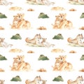 Watercolor seamless pattern mom and baby lions and leopards in the African savannah with dry grass on a white background