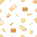 Watercolor seamless pattern with money, gold bar, gold coins, falling money, treasure, wealth for prints and textures Royalty Free Stock Photo
