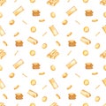 Watercolor seamless pattern with money, gold bar, gold coins, falling money, treasure, wealth for prints and textures on a white Royalty Free Stock Photo