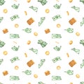 Watercolor seamless pattern with money, gold coins, dollars, falling money for prints and textures on a white background Royalty Free Stock Photo