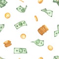 Watercolor seamless pattern with money, gold coins, dollars, falling money for prints and textures