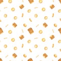 Watercolor seamless pattern with money, gold coins, falling money for prints and textures on a white background Royalty Free Stock Photo