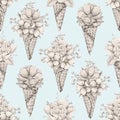 Watercolor seamless pattern with monochrome flowers in waffle cones on blue backdrop