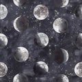 Watercolor seamless pattern of moon phases on the night sky Royalty Free Stock Photo