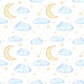 Watercolor seamless pattern - moon and stars. Ideas for a childr