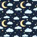 Watercolor seamless pattern - moon and stars. Ideas for a childr