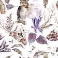 Watercolor seamless pattern with moths, owls, crystals, moon and flowers. Dark mystical colors
