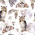 Watercolor seamless pattern with moths, owls, moon and flowers. Dark mystical colors