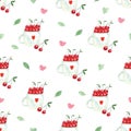 Watercolor seamless pattern with mugs full of cherry berries