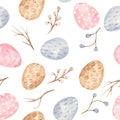 Watercolor seamless pattern with multicolored easter eggs and willow.