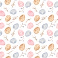 Watercolor seamless pattern with multicolored easter eggs and willow.