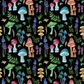 Watercolor seamless pattern with multicolored mushrooms, flowers, ferns and berries