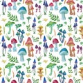 Watercolor seamless pattern with multicolored mushrooms, flowers, ferns and berries