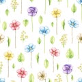 Watercolor seamless pattern with multicolored violet flowers and vegetation Royalty Free Stock Photo