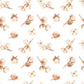 Watercolor seamless pattern with multidirectional branches, buds and cotton flowers on a white background