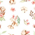 Watercolor seamless pattern with multidirectional cotton branches, leaves and cherry flowers on a white background