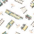 Watercolor seamless pattern multidirectional with cute cartoon electro trains, trains, railroad rails, traffic light pointers on