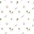 Watercolor seamless pattern with mushrooms and branches on white background. Minimal autumn design
