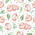 Watercolor seamless pattern with mushrooms champignons, rosemary. Hand drawn illustration isolated on white background.