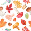 Watercolor seamless pattern with mushrooms, fizalis, acorn, hazelnuts and colorful leaves.